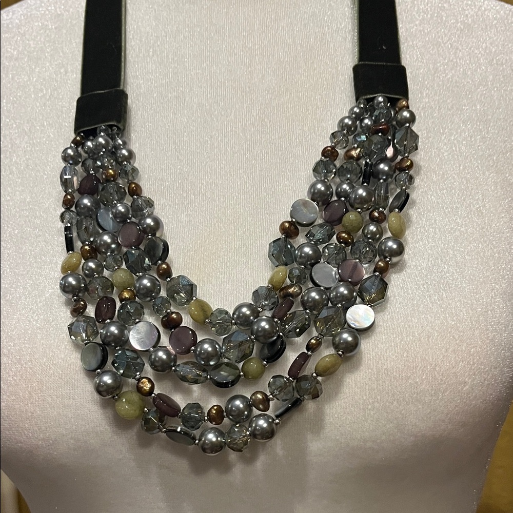 Chico's Multicolor Sage/Gray Shimmer Statement Necklace With Velvet Ribbon